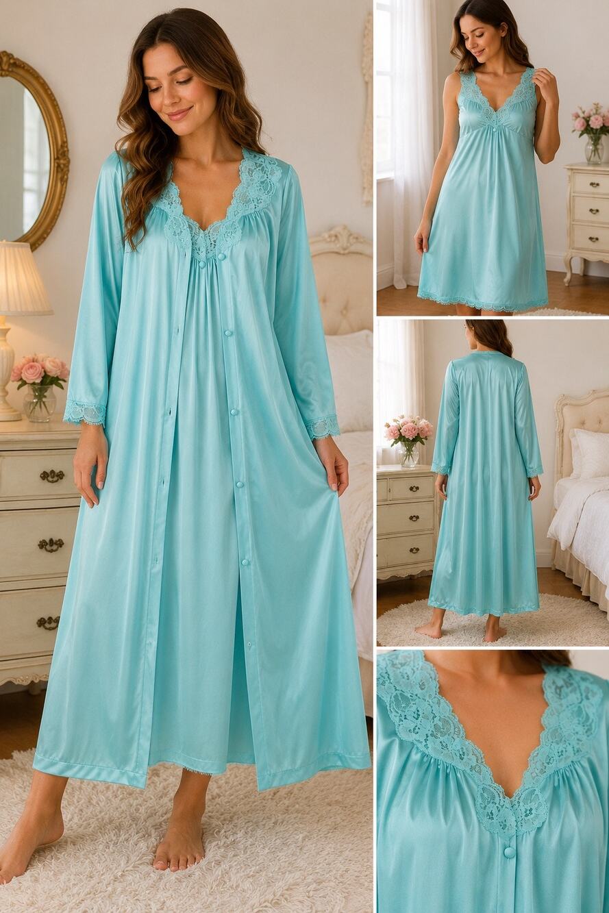 Vintage 1970s Vanity Fair Peignoir Robe & Nightgown Set USA Made Housecoat Small